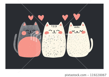 Cute cartoon cats with hearts in a playful vector illustration 119228067