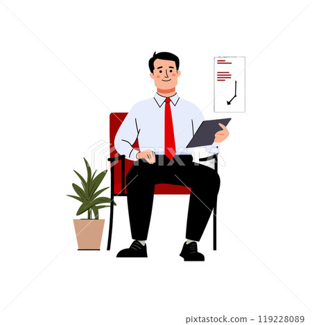 Businessman sitting with a tablet in modern office environment 119228089
