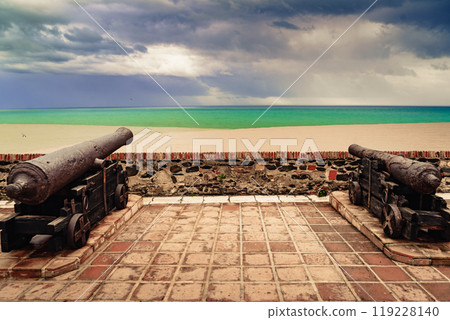 Old cannon at Sohail castle in Fuengirola, Spain Old cannon at Sohail castle in Fuengirola, Spain 119228140