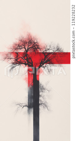 A striking tree silhouette appears against a minimalistic background at sunset 119228232