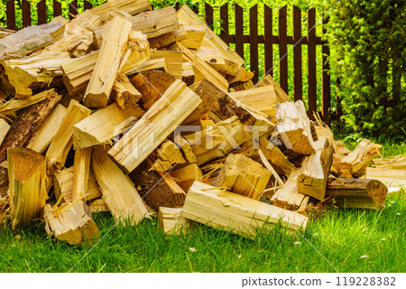 Stack of firewood on green grass. 119228382