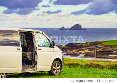 Campervan on sea coast in Asturias Spain. Campervan on sea coast in Asturias Spain. 119228502