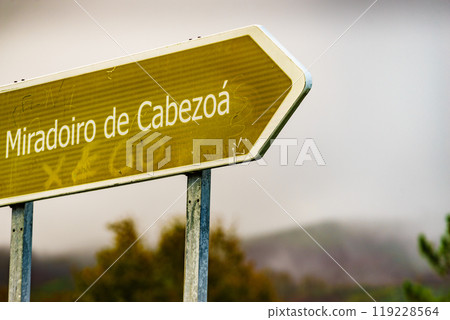 Information board at Cabezoa viewpoint, river Sil Canyon, Galicia Spain. 119228564
