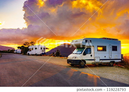Rv camper in mountains at sunset, France. 119228793