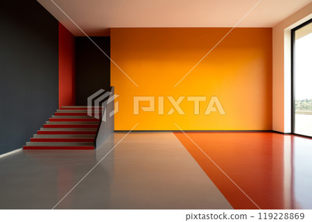 Modern interior design showcasing vibrant color contrasts in a spacious room with stairs 119228869