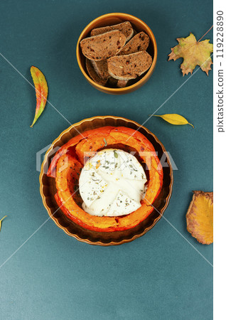 Baked squash with cheese. 119228890