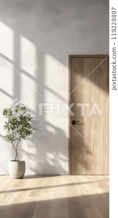 A serene indoor space featuring a modern wooden door and a potted plant illuminated by sunlight 119228897