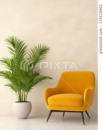 Bright yellow chair beside a lush potted plant in a modern interior setting 119228902