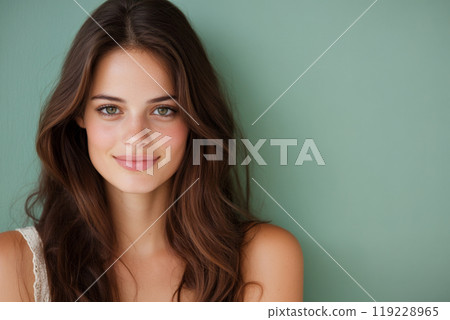 Smiling young woman with long brown hair poses against a soft green background in natural light 119228965