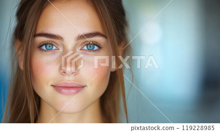 Young woman with bright blue eyes and natural makeup smiling softly in a bright indoor setting Young woman with bright blue eyes and natural makeup smiling softly in a bright indoor setting 119228985