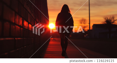 A person walking along a sidewalk at sunset with a warm glow illuminating the surroundings 119229115