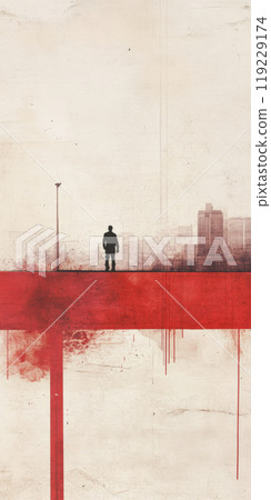 Figure standing on a red landscape overlooking a modern city skyline at dawn 119229174