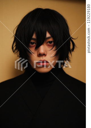 Young person with dark hair and intense gaze wearing a black turtleneck indoors Young person with dark hair and intense gaze wearing a black turtleneck indoors 119229180