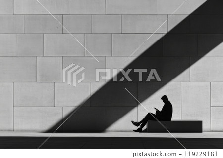 A person reading quietly while sitting against a minimalist wall during daylight hours A person reading quietly while sitting against a minimalist wall during daylight hours 119229181