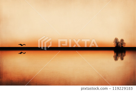 Tranquil sunset over calm waters with reflective trees and a flying bird in the distance 119229183