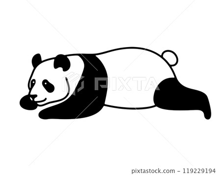 一隻熊貓躺在一個草率姿勢的簡單線條畫插圖，在透明背景上剪下來 119229194