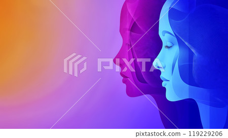 Two women faces merging with abstract lines flowing on gradient background, showing concept of artificial intelligence 119229206