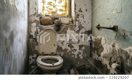 Crumbling walls and peeling paint surrounding an old toilet in an abandoned building show years of neglect 119229207