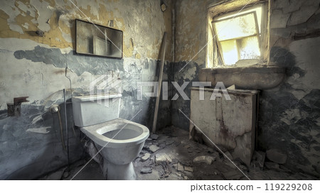 Old, decaying bathroom with peeling paint and a broken window is illuminated by natural light 119229208