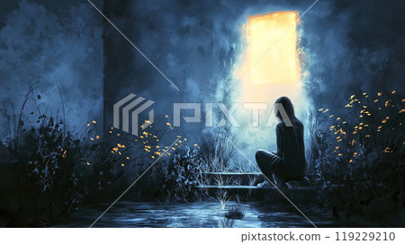 Woman is crouching by a body of water, gazing at a bright light shining through a doorway in a dark, mossy wall 119229210