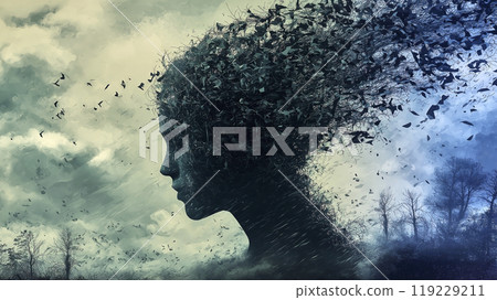 Surreal digital art showing a woman turning into birds flying away in a cloudy sky 119229211