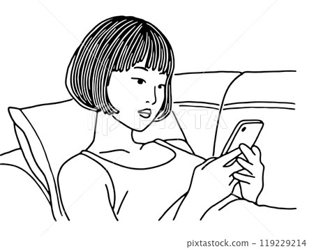 Simple line drawing of a woman looking at her smartphone screen, cut out on transparent background Simple line drawing of a woman looking at her smartphone screen, cut out on transparent background 119229214