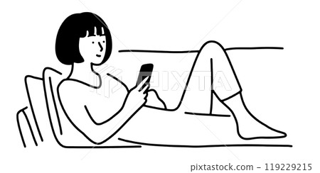 Simple line drawing of a woman looking at her smartphone screen, cut out on transparent background 119229215