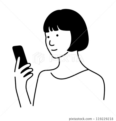 一個女人看著智慧型手機螢幕的簡單線條畫圖,透明背景上的切口 一個女人看著智慧型手機螢幕的簡單線條畫圖,透明背景上的切口 119229218
