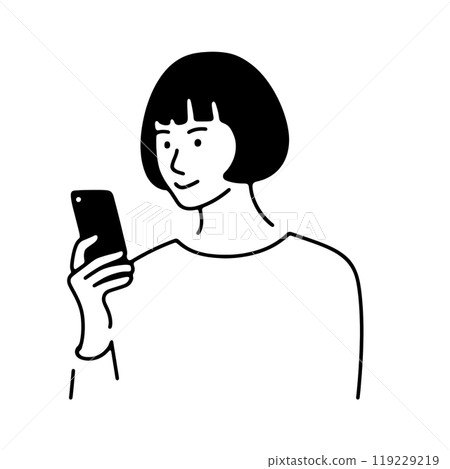 一個女人看著智慧型手機螢幕的簡單線條畫圖,透明背景上的切口 一個女人看著智慧型手機螢幕的簡單線條畫圖,透明背景上的切口 119229219