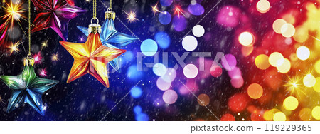 Abstract christmas background with colorful star shaped baubles hanging over a sparkling background with bokeh 119229365