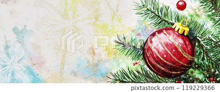 Watercolor illustration of a red christmas bauble hanging from a fir tree branch with copy space 119229366