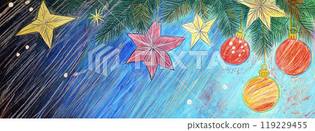 Christmas tree decoration is hanging on a branch against an abstract blue background with stars 119229455