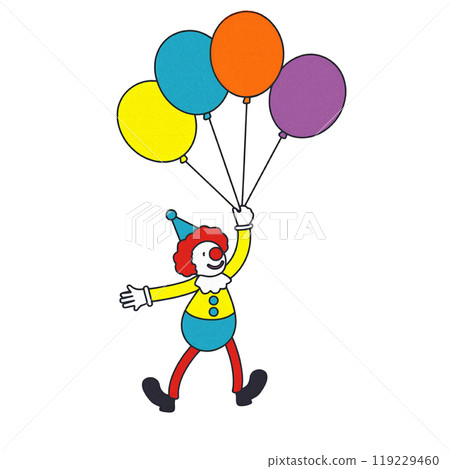 Illustration of a clown holding colorful balloons, cut out on white background Illustration of a clown holding colorful balloons, cut out on white background 119229460