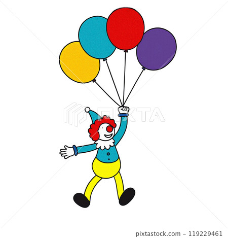 Illustration of a clown holding colorful balloons, cut out on white background 119229461