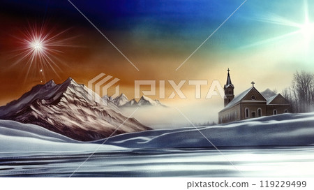 Abstract illustration of a church in a snowy valley with mountains in the background and a christmas star shining brightly 119229499