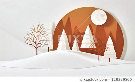 Abstract illustration of a winter landscape with stylized white fir trees, bare trees and snow, ideal for christmas 119229500