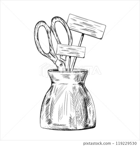 Linear drawing of A pot with scissors and signs. The concept of education, for school supplies, classroom. For office, element of workplace in a business. Vector Illustration of graphic line art 119229530