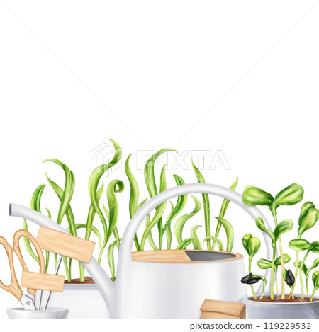 A composition of tools: watering can, rake, shovel, sprayer, seeds, boxes of greens. Garden equipment. Agriculture, cultivation of plants and flowers. Frames for decoration, boards for design A composition of tools: watering can, rake, shovel, sprayer, seeds, boxes of greens. Garden equipment. Agriculture, cultivation of plants and flowers. Frames for decoration, boards for design 119229532