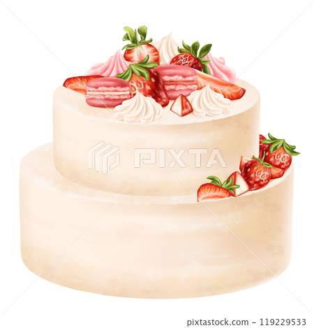 A festive two-tiered cake decorated with cream flowers, macaroon and fresh strawberries. Pastry dessert with whipped cream for birthday, home parties. A sweet berry gift. Digital isolated illustration A festive two-tiered cake decorated with cream flowers, macaroon and fresh strawberries. Pastry dessert with whipped cream for birthday, home parties. A sweet berry gift. Digital isolated illustration 119229533