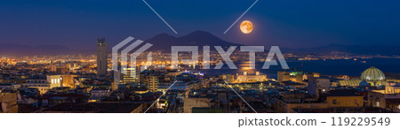 Full moon rises above Mount Vesuvius, Naples and Bay of Naples, Italy 119229549