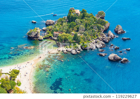 Aerial view of Isola Bella small island near Taormina, Sicily, Italy Aerial view of Isola Bella small island near Taormina, Sicily, Italy 119229627