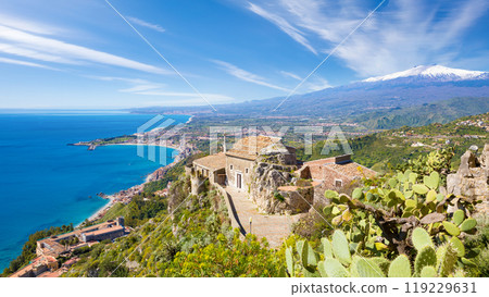 Church of Madonna della Rocca in Taormina, Sicily, Italy and Etna volcano 119229631