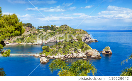 Isola Bella is small island near Taormina, Sicily, southern Italy. 119229642