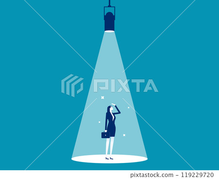 Ambition or opportunity concept. Man in spotlight, success candidate for job vacancy, outstanding high performance employee, confident outstanding businessman standing in bright spotlight. Ambition or opportunity concept. Man in spotlight, success candidate for job vacancy, outstanding high performance employee, confident outstanding businessman standing in bright spotlight. 119229720