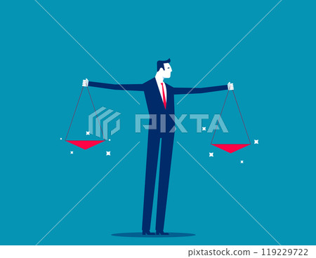 Decision or balance concept. Comparison advantage and disadvantage, integrity or honest truth, pros and cons or measurement, judge or ethical, businessman comparing scale to be equal, fair measuring. Decision or balance concept. Comparison advantage and disadvantage, integrity or honest truth, pros and cons or measurement, judge or ethical, businessman comparing scale to be equal, fair measuring. 119229722
