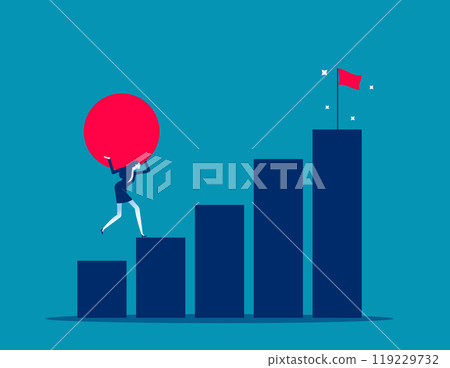 Problem concept. Effort to success. Difficult task, difficulty to achieve success, overcome challenge, over burden or heavy boulder, exhausted businessman carry heavy boulder step up to success. 119229732