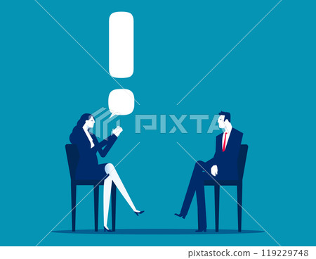 Story telling, speak out loud to draw attention and interest, fact important information or secret, businessman speaking with speech bubble as exclamation point. Caution and alert call concept 119229748