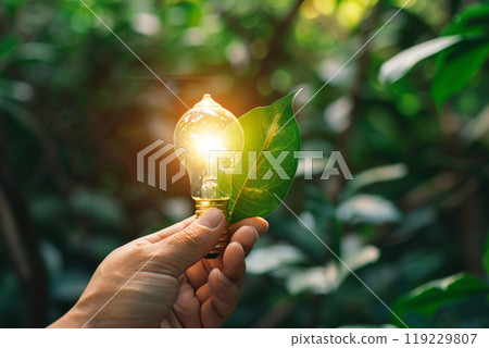 Hand holding a light bulb against a green leaf, representing sustainable development, Generated AI Hand holding a light bulb against a green leaf, representing sustainable development, Generated AI 119229807