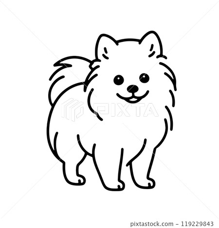 一隻可愛的博美犬小狗看著你的簡單線條畫插圖,透明背景上的切口 一隻可愛的博美犬小狗看著你的簡單線條畫插圖,透明背景上的切口 119229843