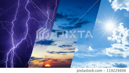 Weather forecast concept, collage of variety weather conditions 119229898